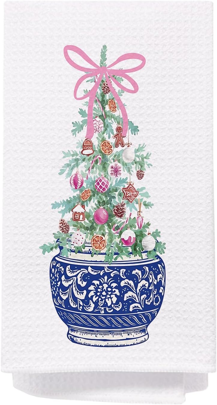 SPBL&L Chinoiserie Christmas Kitchen Towels, Pink Bow Christmas Tree Hand Towels for Bathroom, Blue and White Porcelain Chinoiserie Christmas Dish Towels, Christmas Kitchen Bathroom Decor, 16x24 Inch - Image 1